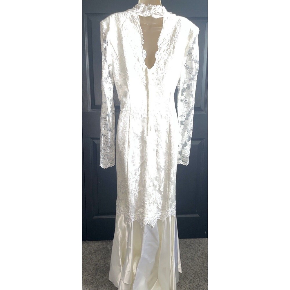 Vintage 80s Lace Wedding Dress Long Sleeve High Neck Pearl Mermaid Gown - Picture 7 of 12